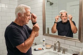 Homme aux cheveux blancs appliquant une teinture temporaire devant son miroir de salle de bain