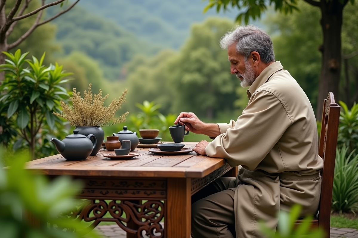 Homme préparant une tisane de Ravintsara dans un jardin