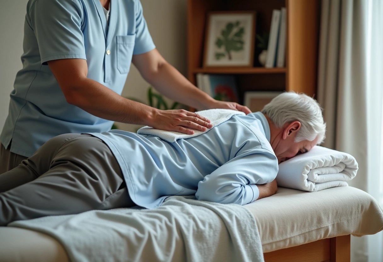 Homme âgé en massage dans un cadre chaleureux