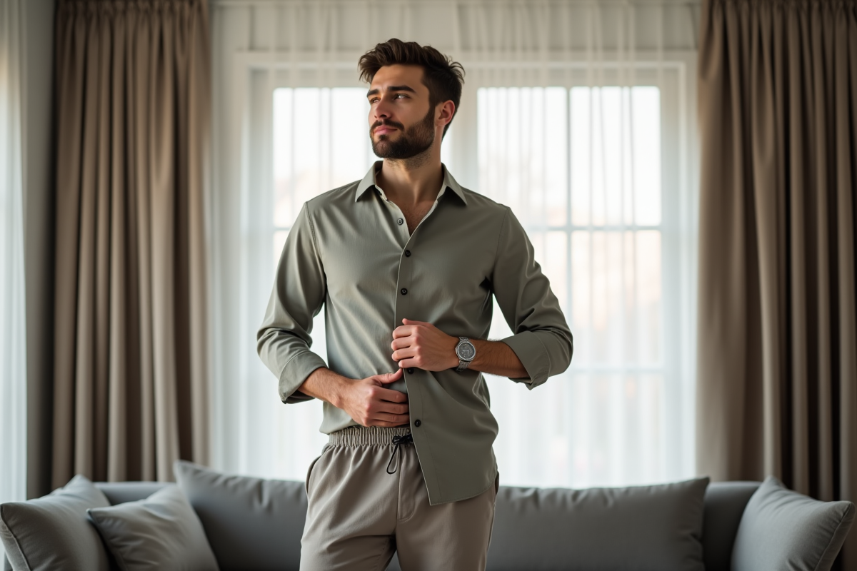 Homme en tenue décontractée ajustant sa chemise dans un salon chaleureux