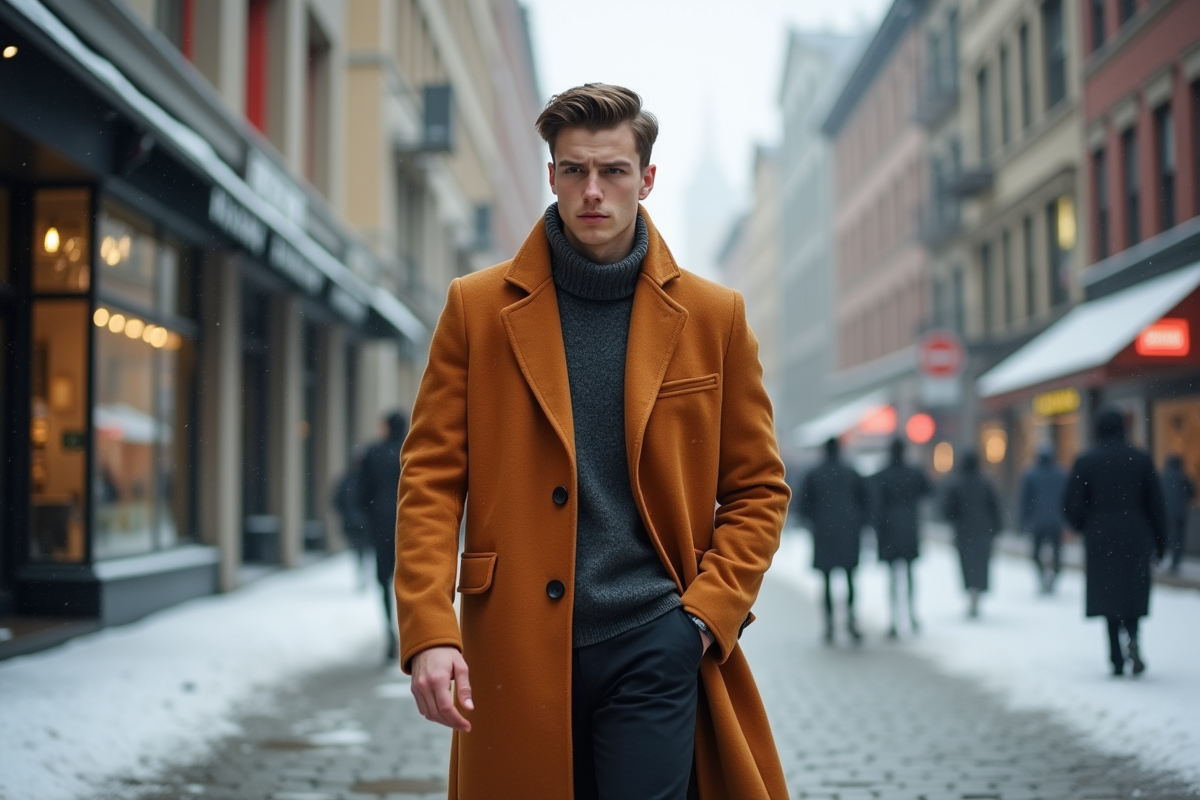 Homme marchant dans une ville enneigee avec manteau tendance