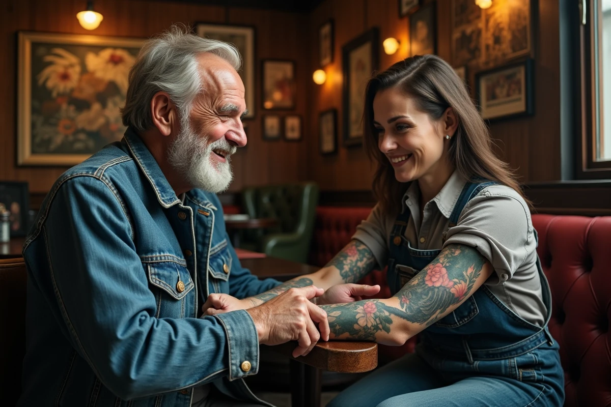 Homme plus âgé montrant son tatouage ancien dans un salon rétro