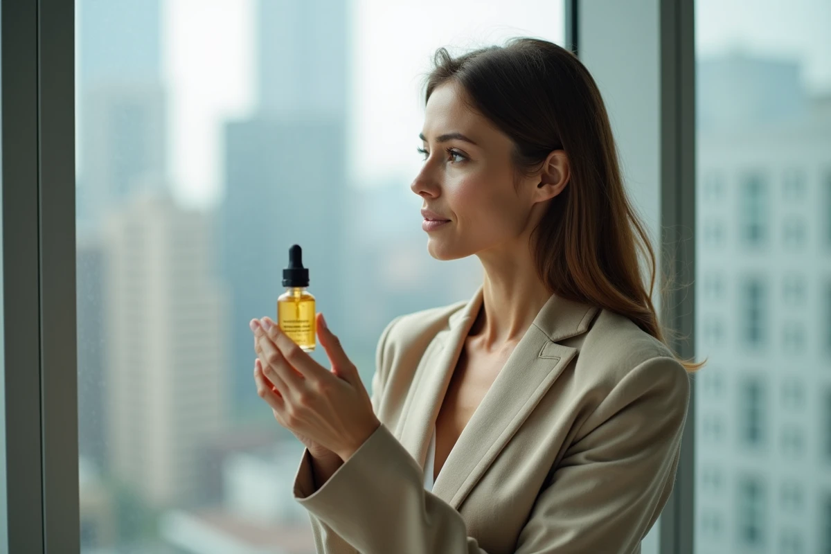 Femme mature tenant un flacon d'huile hydratante visage devant une fenêtre urbaine, soin anti-âge nouvelle génération