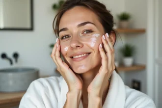 Femme appliquant une huile hydratante visage dans une salle de bain minimaliste, routine soin de peau 2026