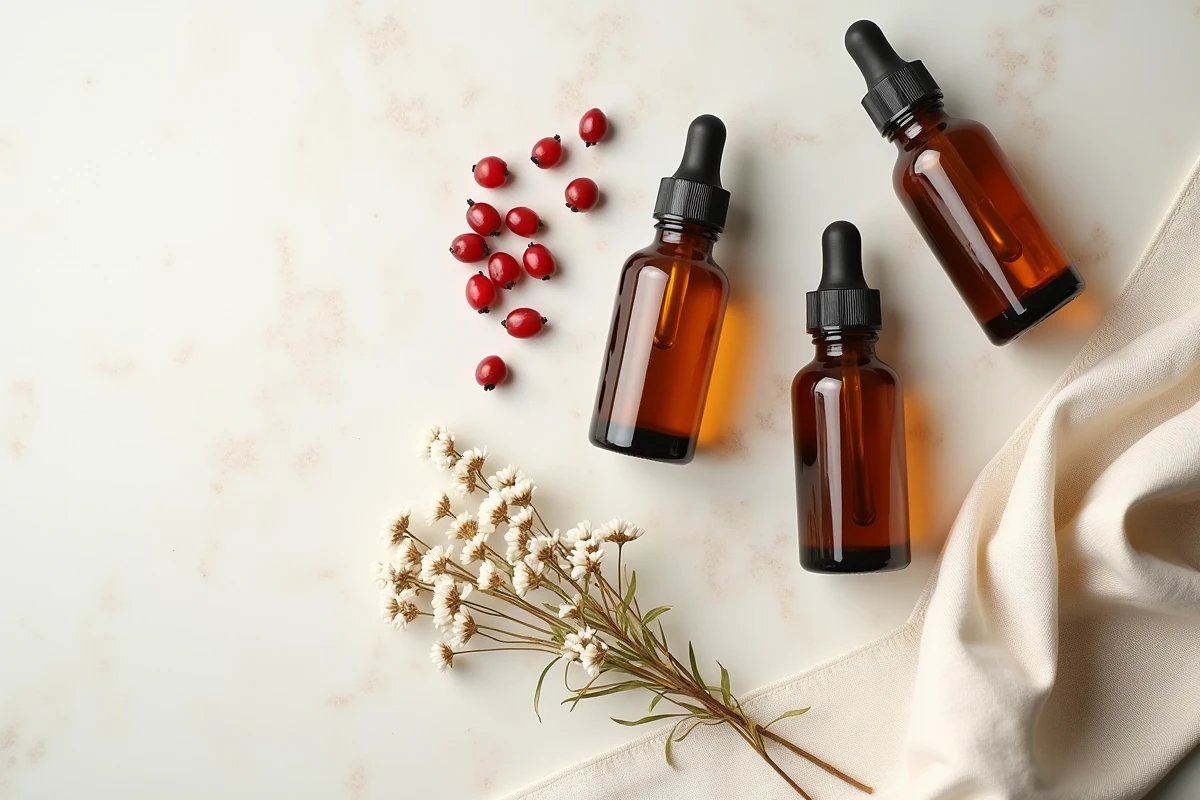 Flacons d'huile visage hydratante en mise en scène flat lay avec ingrédients botaniques, tendances skincare 2026