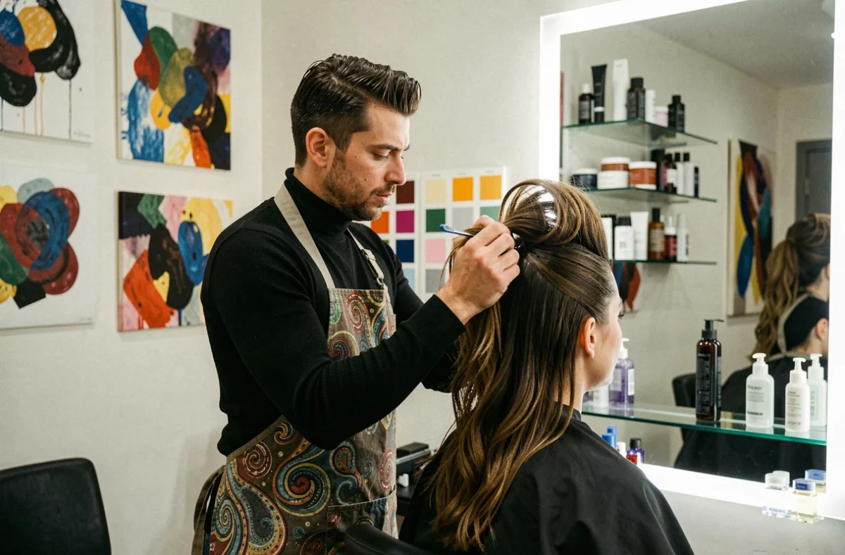 Coiffeur créatif du salon ID D'Artist à Tours réalisant une coupe avant-gardiste sur une cliente devant un grand miroir