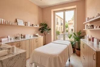 Intérieur d'un institut de beauté moderne en Occitanie avec mobilier élégant et produits de soin
