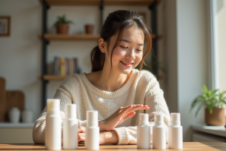 Jeune femme examine des produits de beauté sur une table