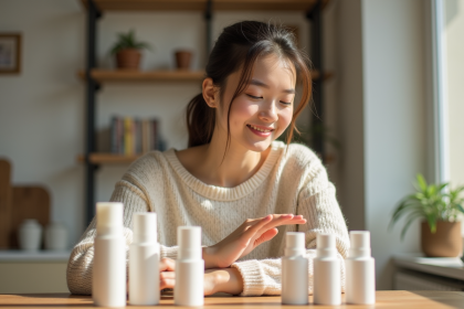 Jeune femme examine des produits de beauté sur une table