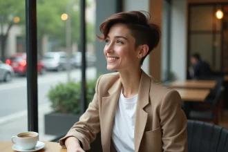 Jeune femme avec coupe wolfcut dans un café urbain