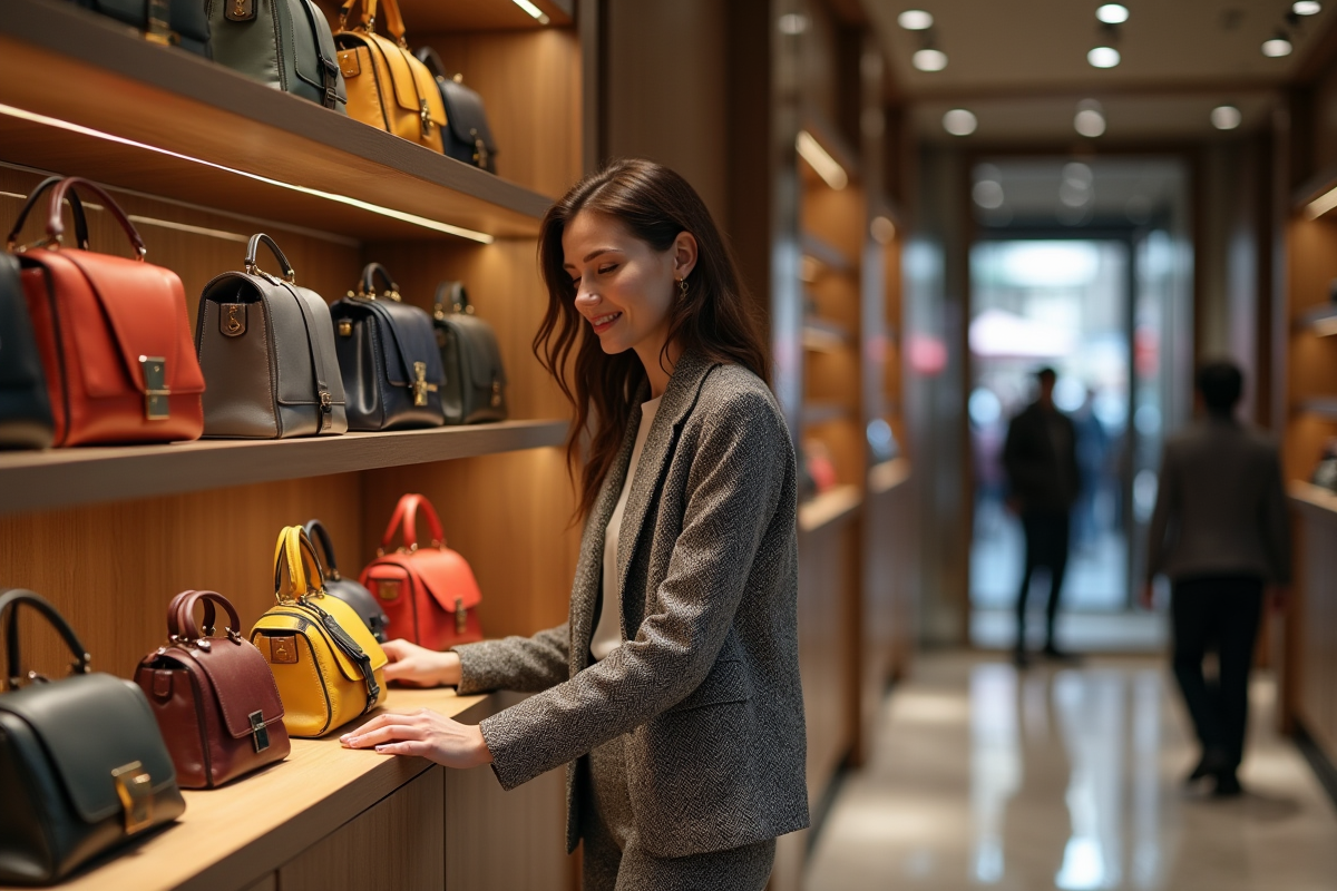 Jeune femme élégante dans une boutique parisienne en tweed