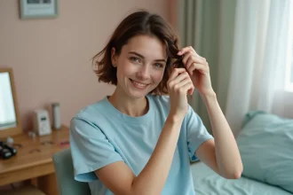 Jeune femme souriante faisant une tresse dans ses cheveux
