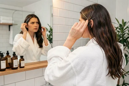 Jeune femme aux premiers cheveux blancs examinant sa chevelure dans un miroir de salle de bain moderne