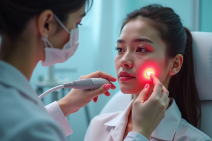 Jeune femme en clinique dermatologique avec laser rouge sur la joue