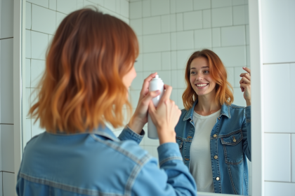 Jeune femme souriante en train de colorier ses cheveux dans une salle de bain lumineuse