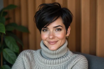 Femme avec coupe moderne et sourire naturel dans un salon cosy