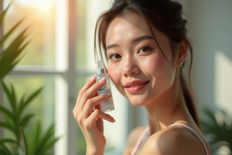 Jeune femme appliquant un maquillage naturel devant une fenêtre