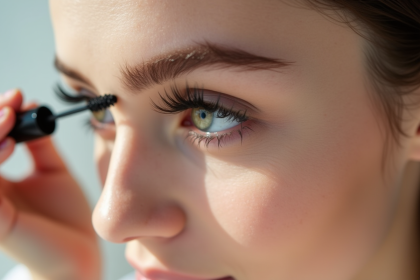Jeune femme appliquant du mascara sur ses cils naturels