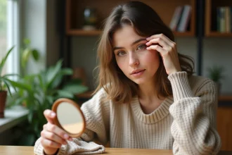 Jeune femme regardant ses yeux dans un miroir rond
