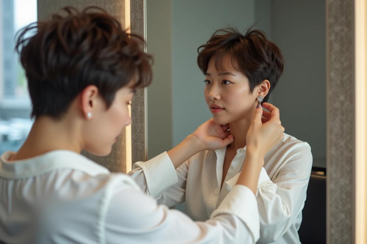 Jeune femme avec coupe pixie regardant son reflet