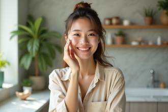 Jeune femme appliquant une creme naturelle sur la joue