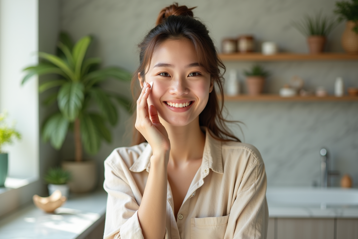 Jeune femme appliquant une creme naturelle sur la joue