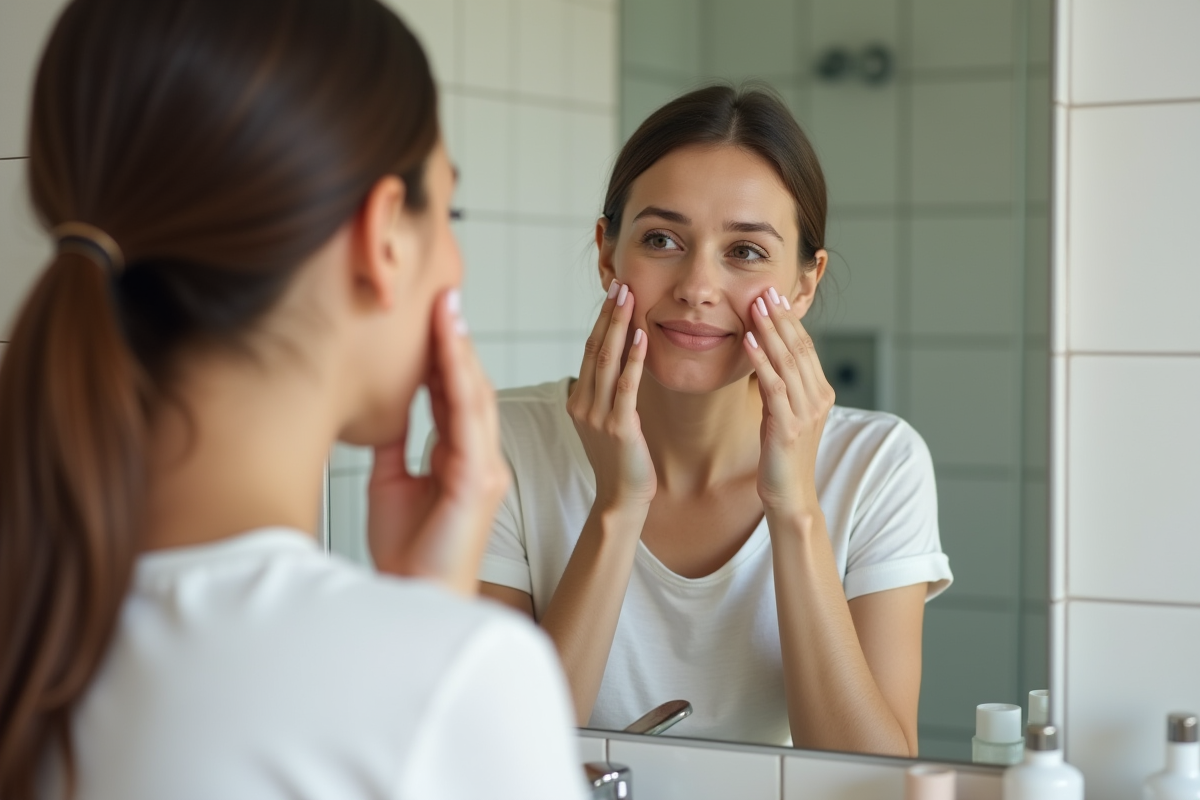 Jeune femme examine sa peau dans une salle de bain moderne
