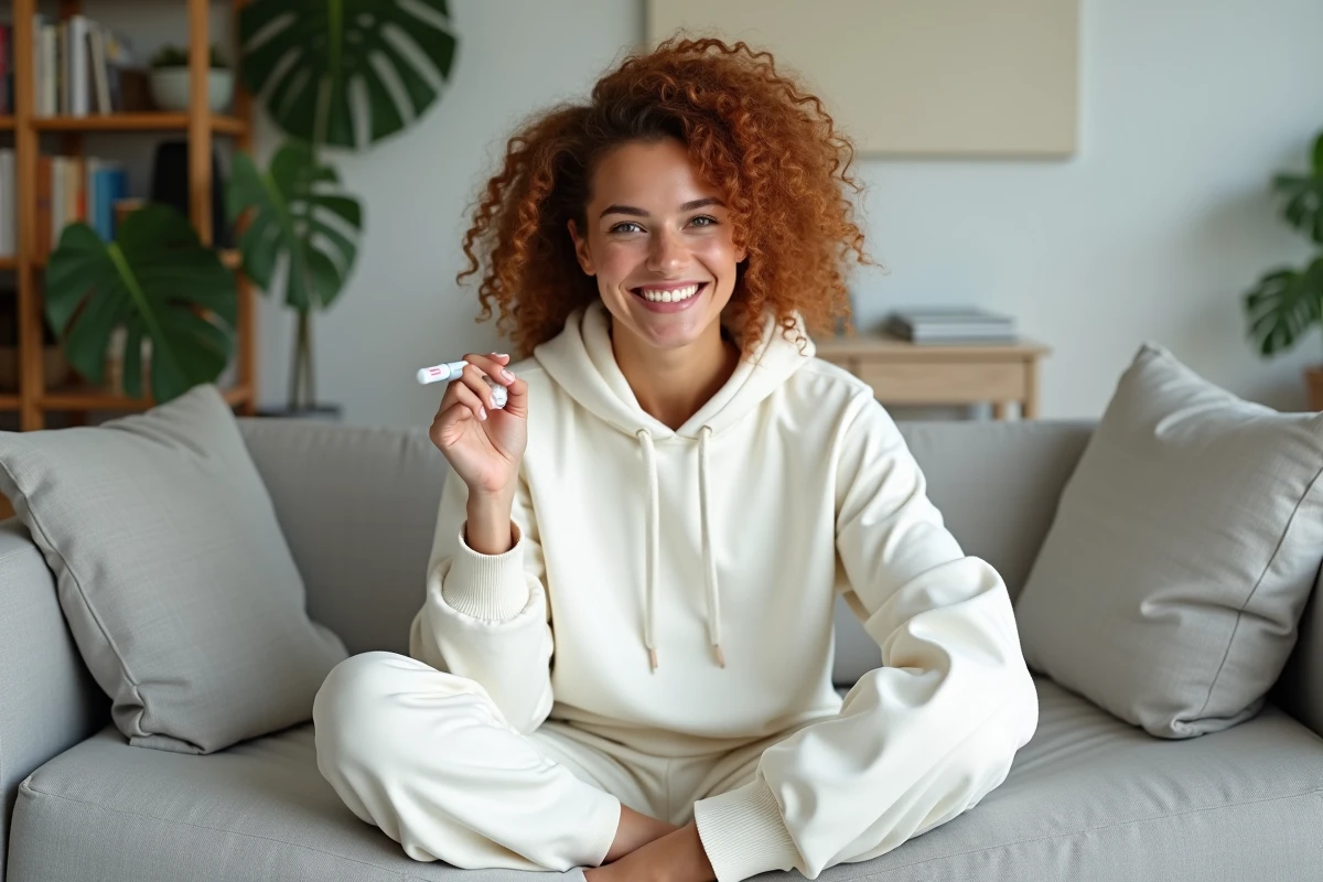 Jeune femme souriante tenant un stylo blanchissant The Smilist sur un canapé en lin gris dans un salon moderne