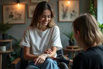 Jeune femme souriante dans un studio de tatouage moderne
