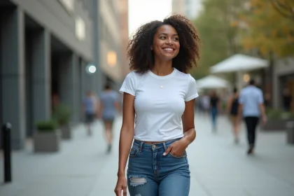 Jeune femme confiante marchant dans la ville en jeans et T-shirt