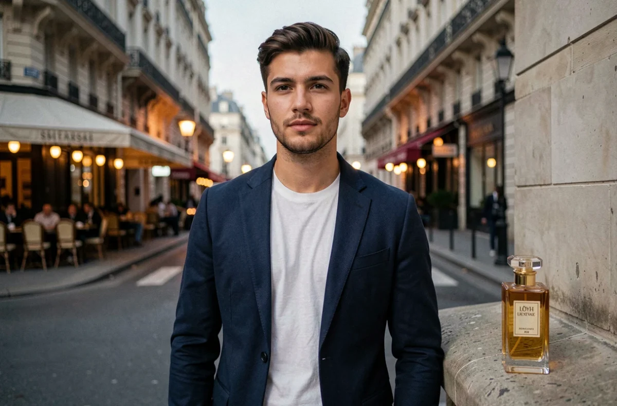 Jeune homme en blazer marine dans une rue parisienne avec un flacon de parfum Armani Code Profumo au premier plan