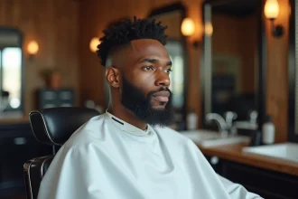 Jeune homme Black avec une coupe fade taper fraîchement réalisée dans un barbershop moderne, vue en trois quarts