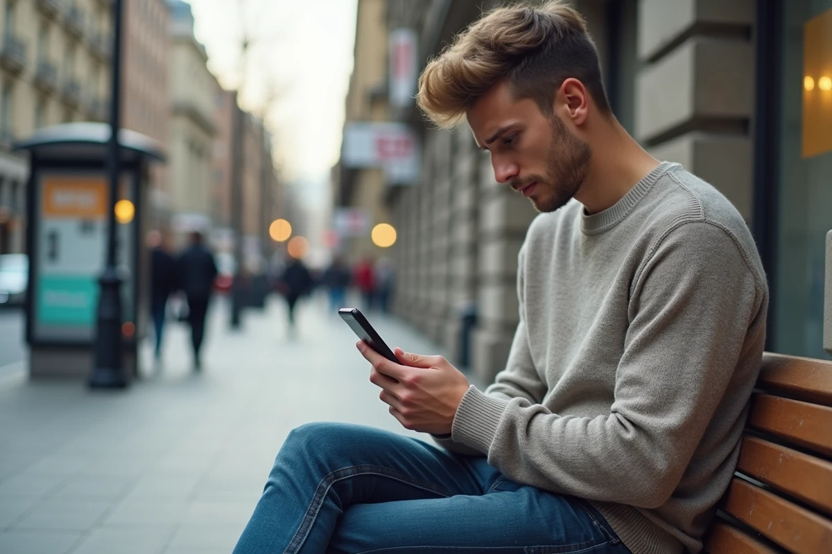 Jeune homme lisant des avis en ligne sur son smartphone