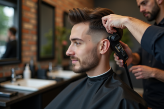 Jeune homme en barbershop avec fade précis par un barbier