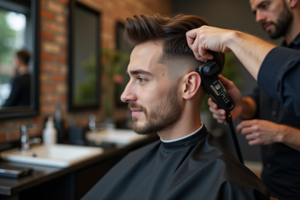 Jeune homme en barbershop avec fade précis par un barbier
