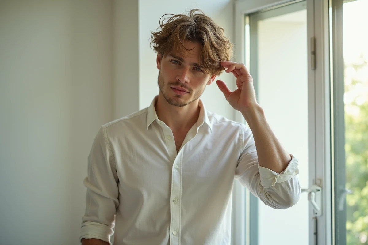 Jeune homme se coiffant devant une fenêtre lumineuse