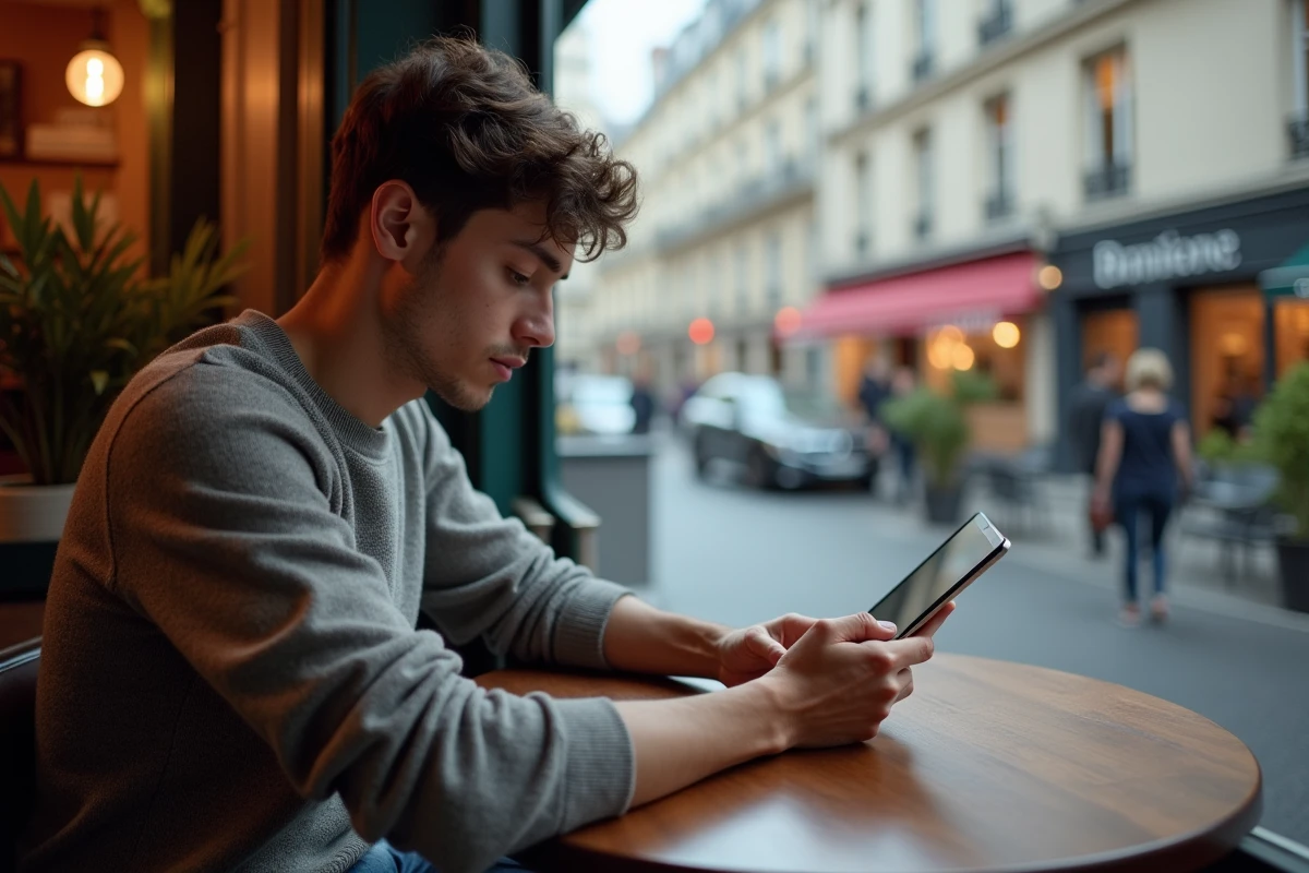 Jeune homme lisant des avis en ligne dans un café parisien