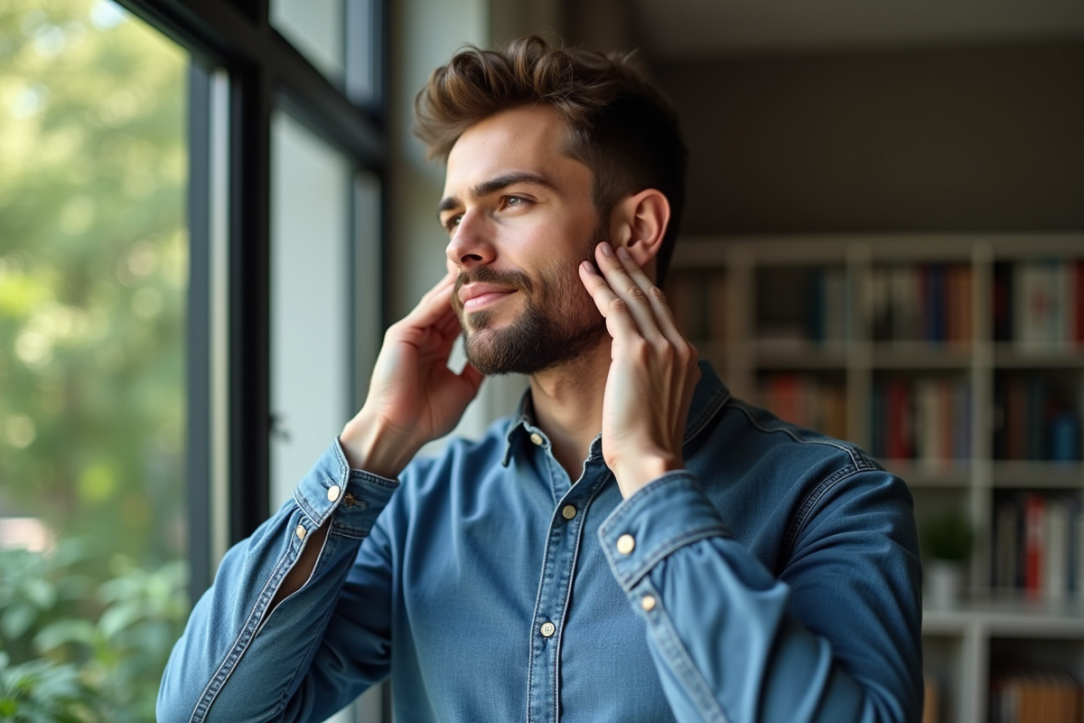 Jeune homme en denim pratiquant massage facial