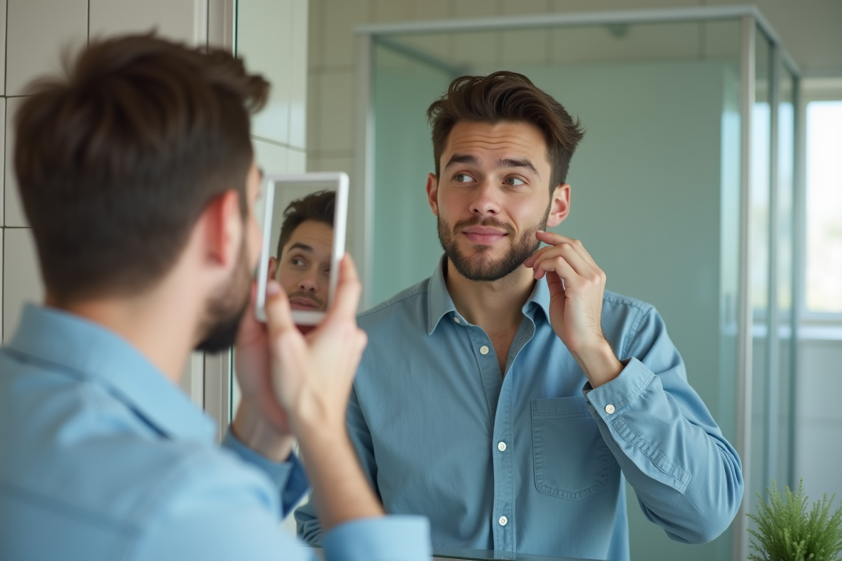 Jeune homme se maquillant dans une salle de bain lumineuse