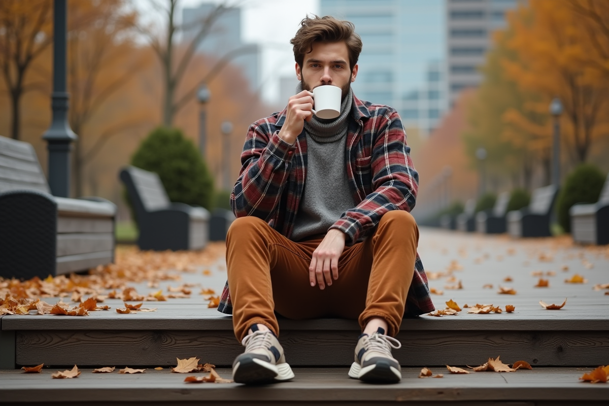 Jeune homme assis dans un parc automnal avec café