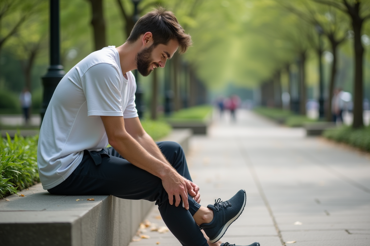 Jeune homme appliquant crème sur ses pieds dans un parc urbain