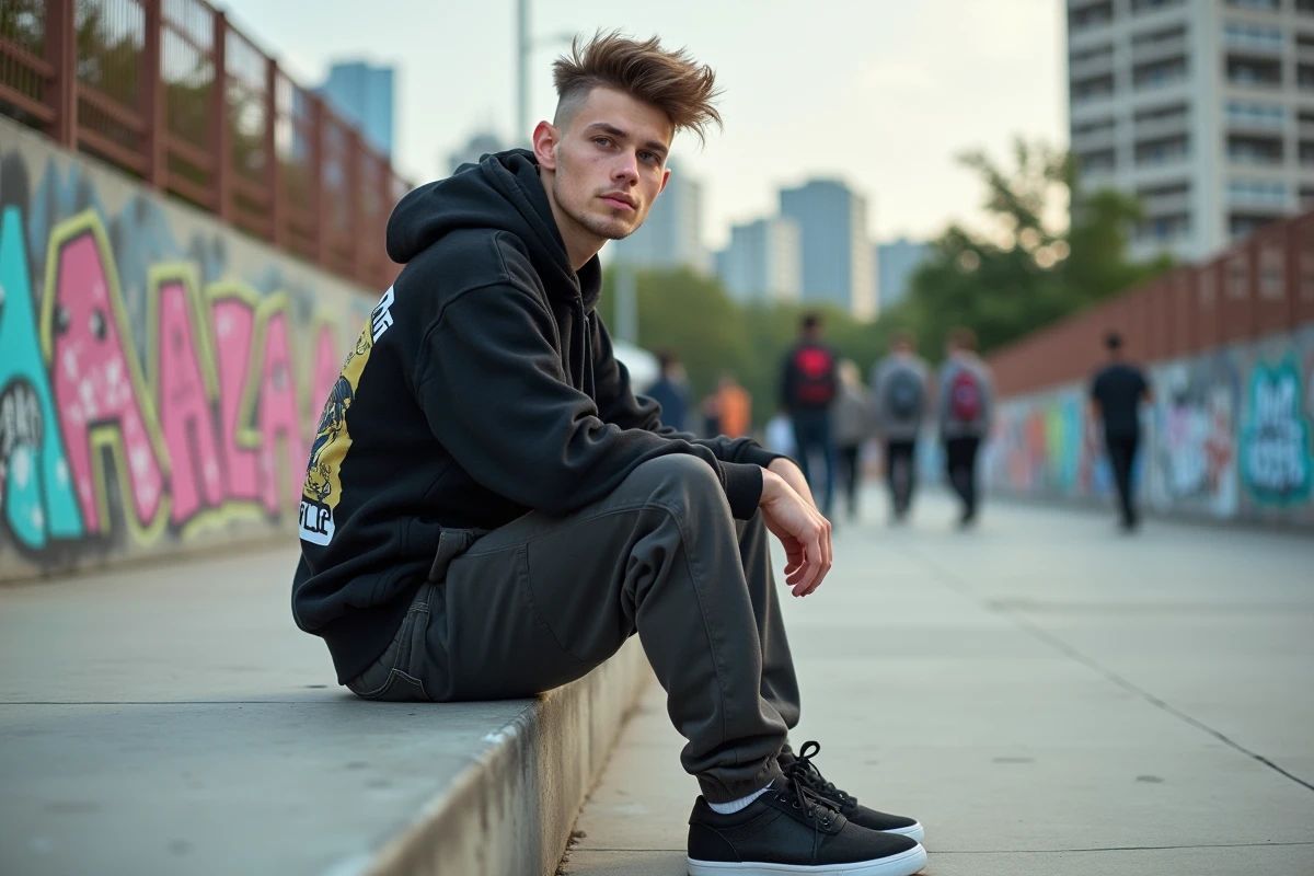 Jeune homme en streetwear dans un skatepark urbain