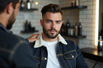 Jeune homme élégant en barbershop moderne avec coupe fade
