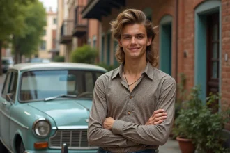 Jeune homme en style rétro devant une voiture ancienne