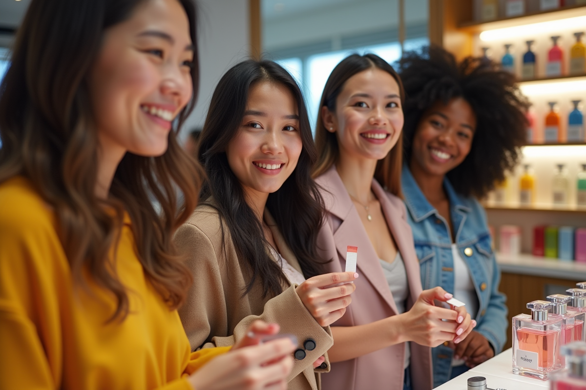 Jeunes souriants testant des parfums dans une boutique moderne