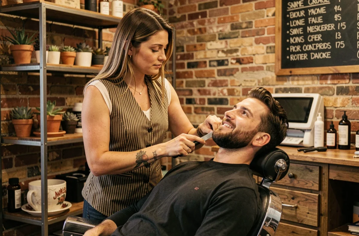 Barbière rasant la barbe d'un client dans le salon La Belle et le Barbu à Montbrison