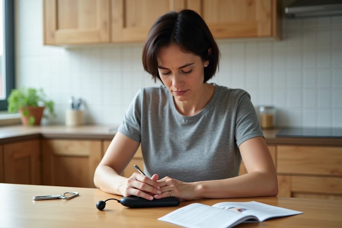 Femme en cuisine utilisant une lime à ongles électrique avec notice d'utilisation ouverte