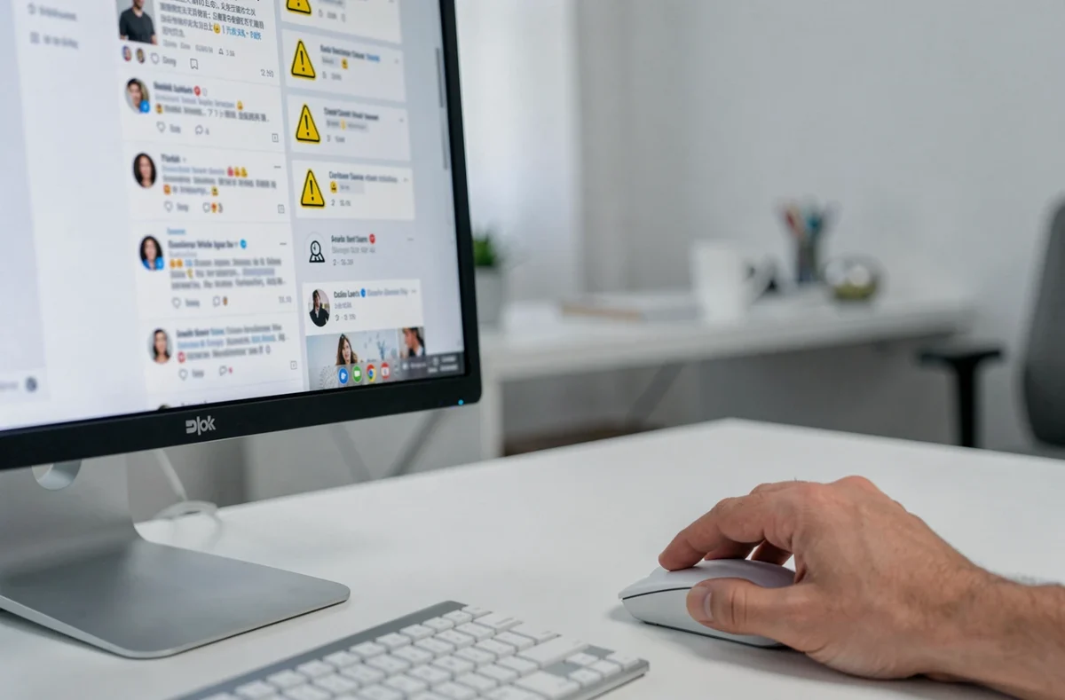 Main hésitante sur une souris devant un écran affichant un contenu en ligne suspect