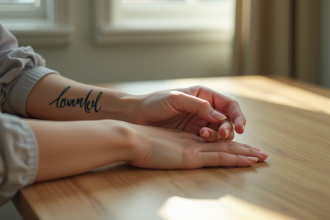 Main de femme avec tatouage nom cursif sur poignet