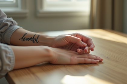Main de femme avec tatouage nom cursif sur poignet